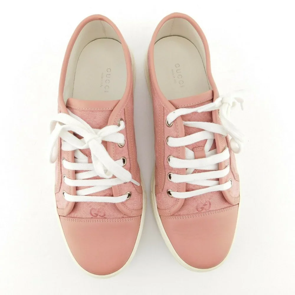 GUCCI Pastel Pink Leather Cap Toe GG Logo Monogram Canvas Lace-up Sneakers 39